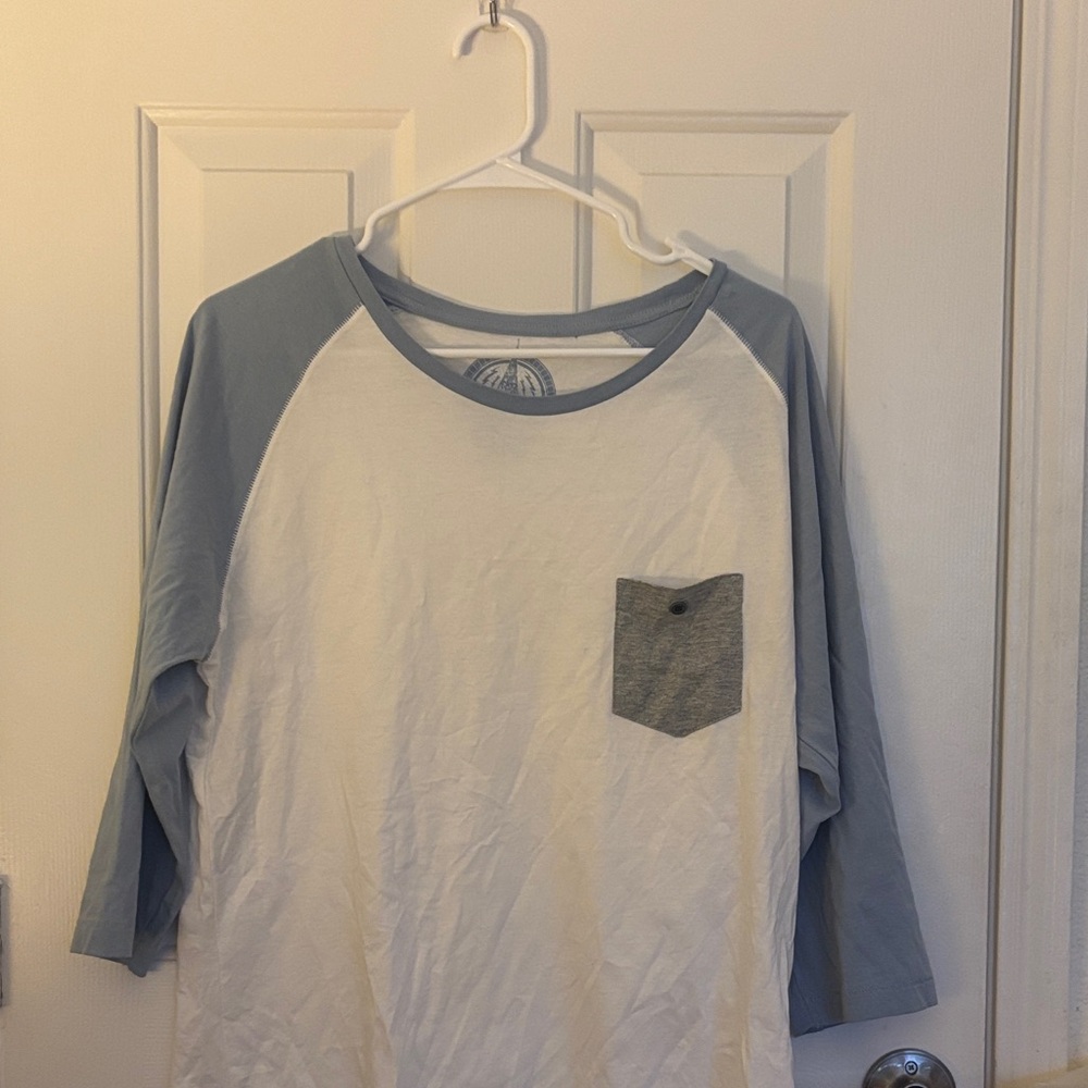 Foreign Exchange White and Light Blue Raglan Long Sleeve Shirt with Gray Pocket